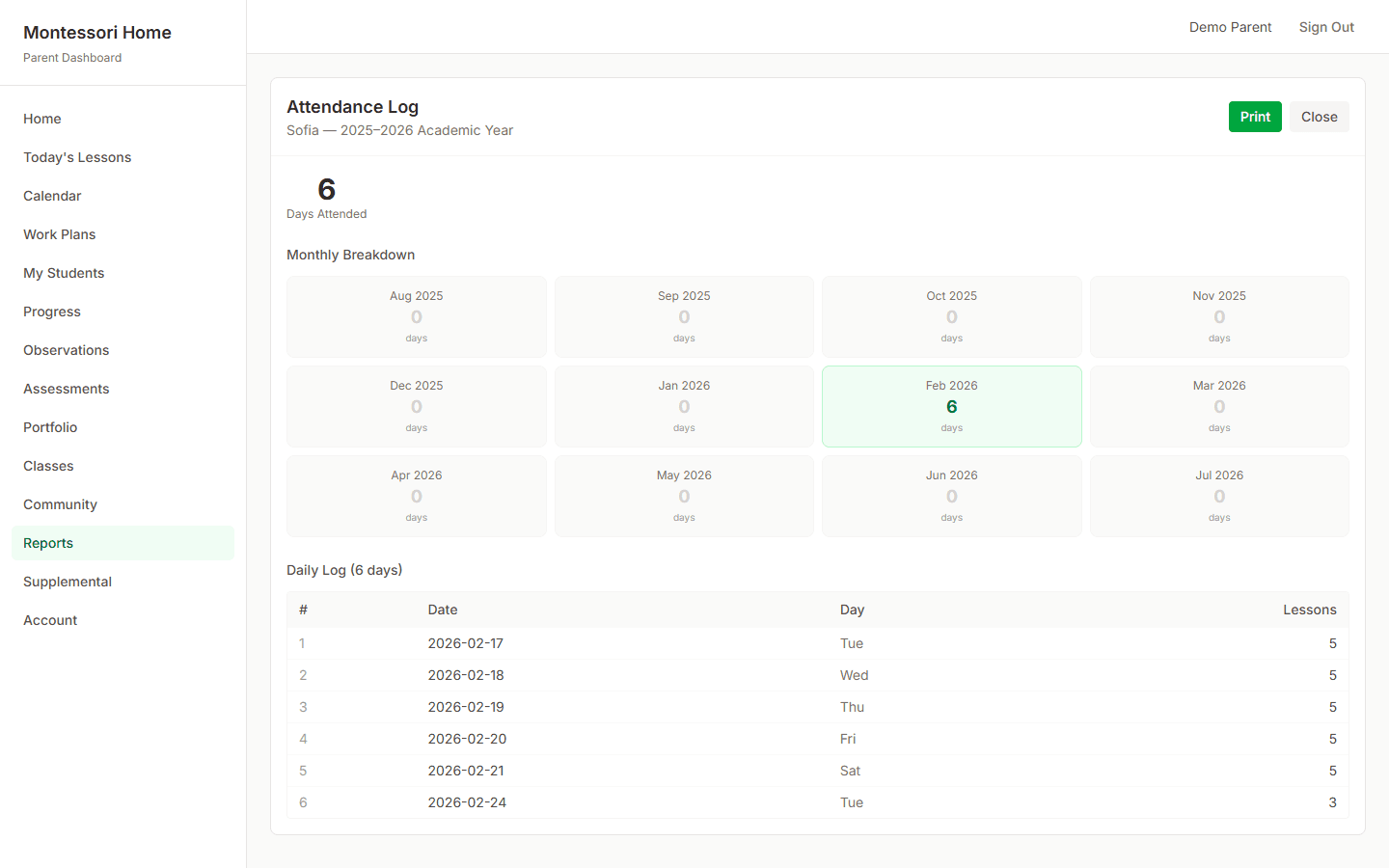 Attendance log showing monthly breakdown calendar and daily log table