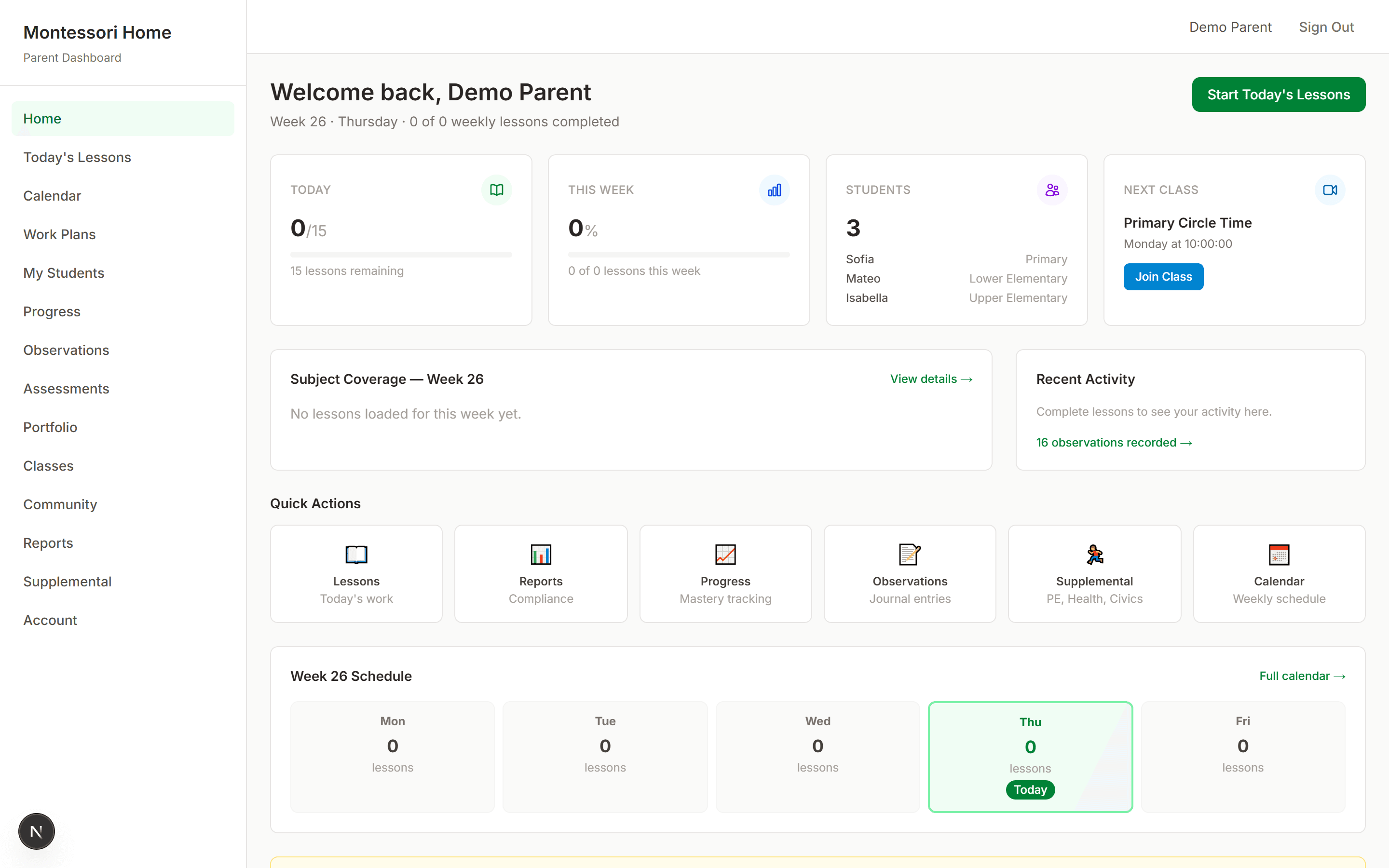 Parent dashboard showing today's lessons, next Zoom class, and enrolled students