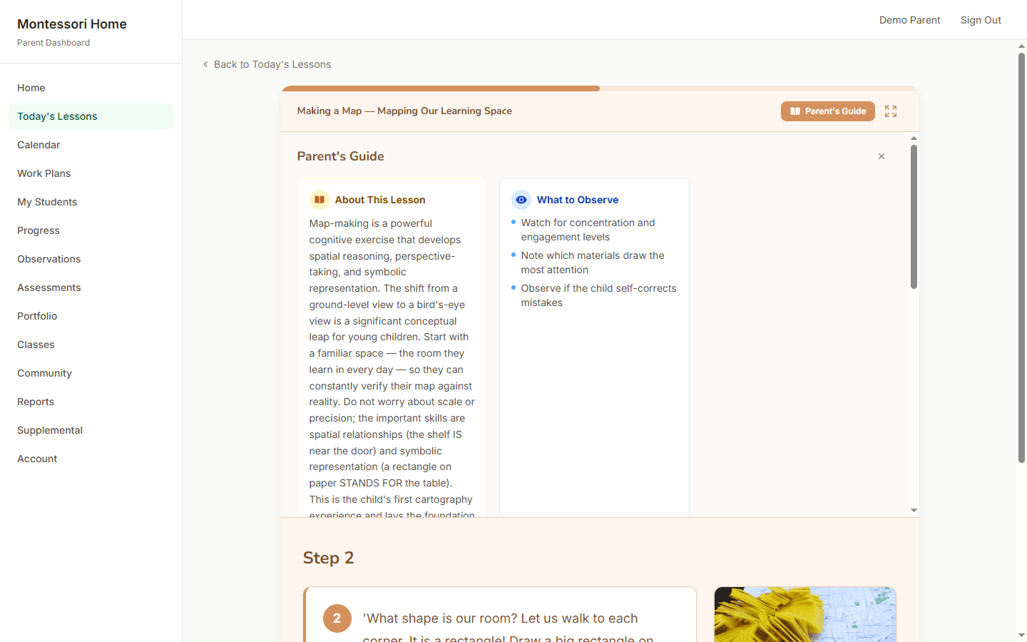 Parent's Guide panel showing lesson context, what to observe, and materials needed