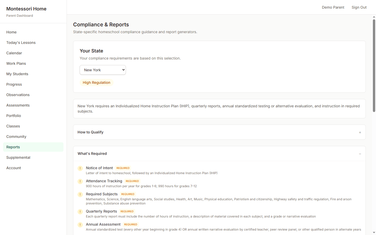 Compliance center showing New York state requirements, regulation tier, and required documents