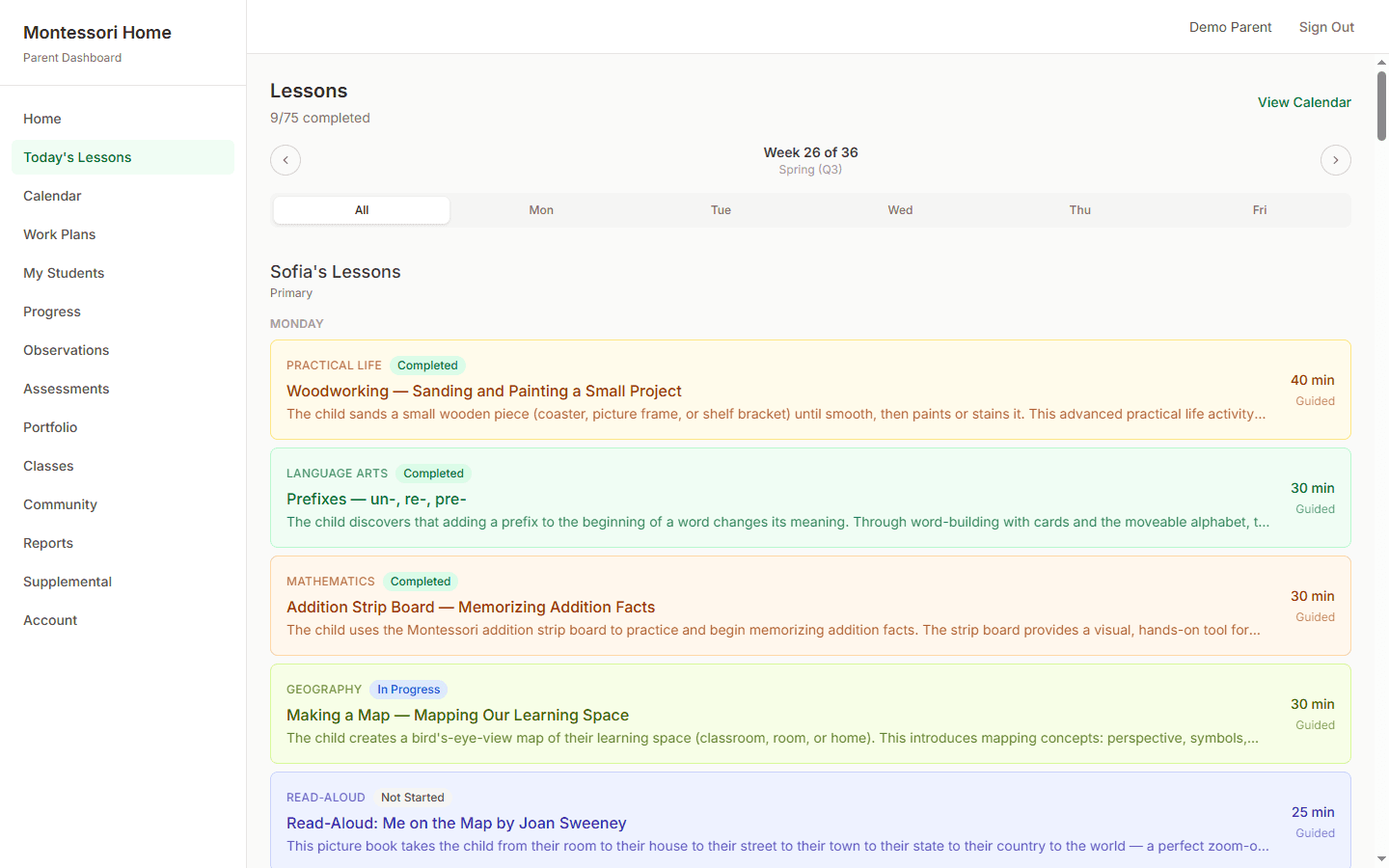 Today's lessons page showing 5 daily lessons across subjects with completion status